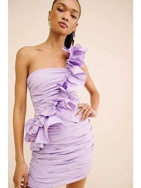 BHLDN Lavender One-Shoulder Ruffled Mini Dress